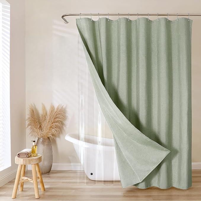 FY&XZH 3-in-1 Fabric Shower Curtain Set,Double Waterproof Linen-Texture Shower Curtain with PEVA Liner That Fully Prevents Splashes,Soft Shower Curtains with 12 Anti-Fall Hooks,72"x72" (Light Green) - ModernBath