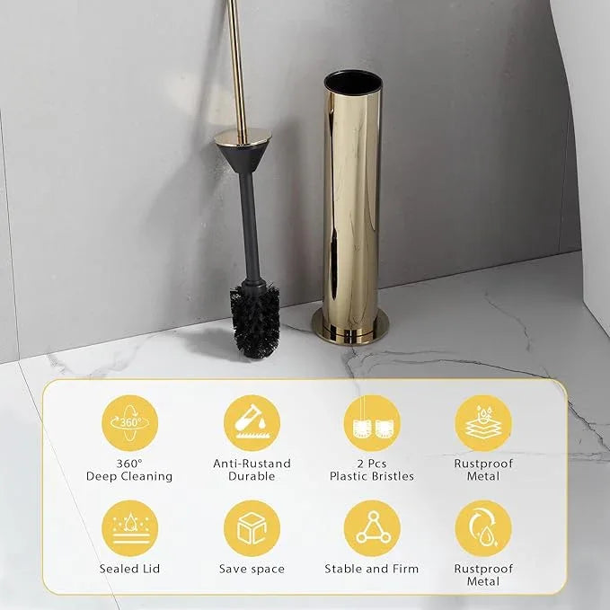 BGL Toilet Brush and Holder Set, Heavy Duty 304 Stainless Steel, Round Base and Long Handle for Bathroom Deep Cleaning, Drip-Proof, Space Saving for Storag, Gold - ModernBath