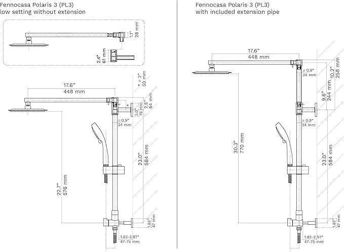 Fennocasa Polaris 3 Retrofit Rain Shower System, 3-Setting Handheld Shower Combo with Slide Bar, 8" Low Profile Shower Head (2.5 GPM Chrome) - ModernBath