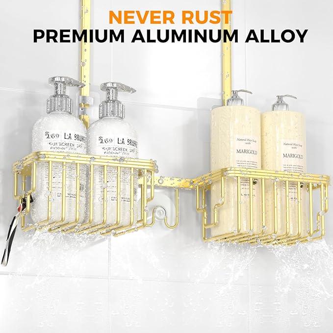 REINHARDT Aluminum Shower Caddy Hanging Adjustable Shower Caddy, Rustproof Hanging Shower Organizer with Hooks Soap Holders, Over Shower Head Caddy for Handheld Showerhead, Gold - ModernBath