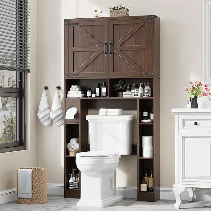 Vabches Over The Toilet Storage Cabinet, Farmhouse Storage Cabinet Over Toilet with 2 Barn Doors ，Toilet Paper Holder Stand，Home Space-Saving Toilet Rack, for Laundry, Restroom, Bathroom.Espresso. - ModernBath