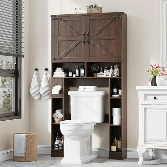 Vabches Over The Toilet Storage Cabinet, Farmhouse Storage Cabinet Over Toilet with 2 Barn Doors ，Toilet Paper Holder Stand，Home Space-Saving Toilet Rack, for Laundry, Restroom, Bathroom.Espresso. - ModernBath