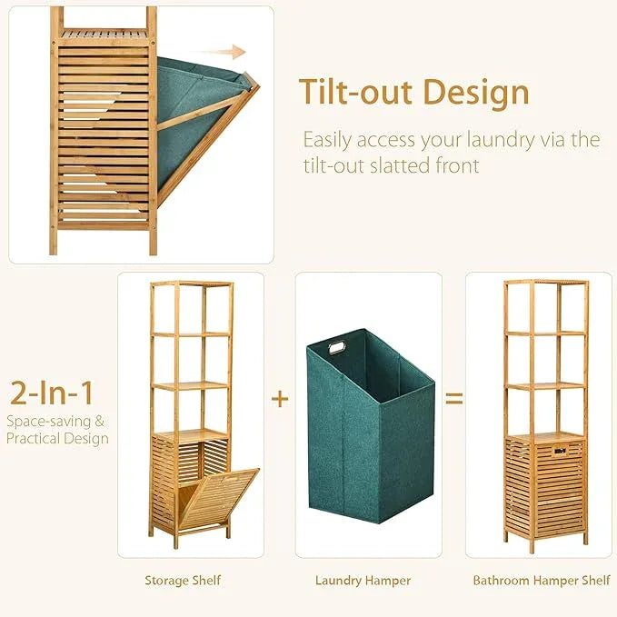 Giantex 63'' Tilt Out Laundry Hamper and 4-Tier Storage Shelves, Removable Clothes Basket with Easy Carry, Bamboo Tower Hamper Organizer, Great for Bathroom, Bedroom, Laundry Room, Closet, Nursery - ModernBath