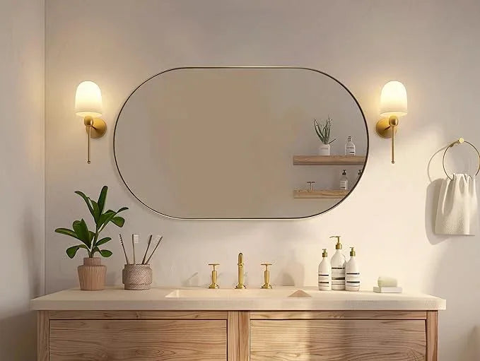 Andy Star Brass Oval Mirror, 24x40 Inch Bathroom Mirror Gold, Brass Vanity Mirror, Pill Shaped Mirrors Gold Metal Frame Stainless Steel 1’’ Deep Hang Vertically & Horizontally - ModernBath