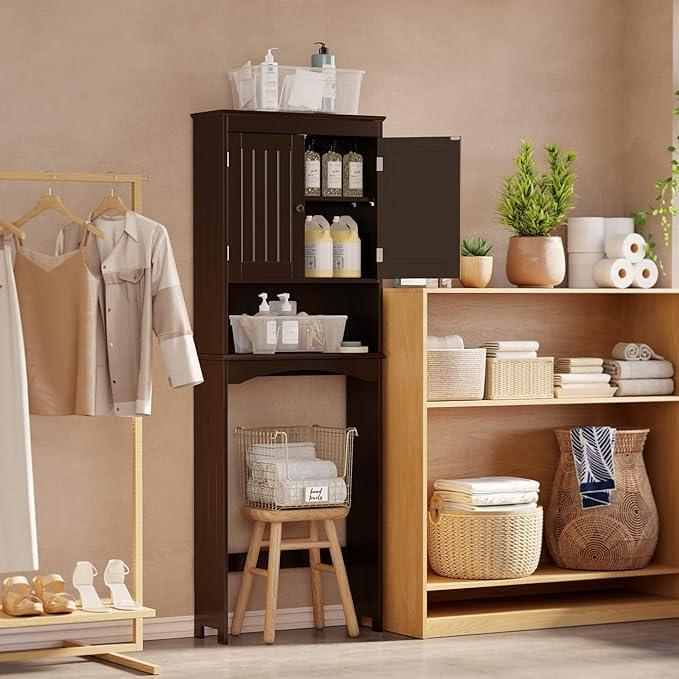 Gizoon Over The Toilet Storage Cabinet with Adjustable Shelf and Double Doors, Bathroom Space Saver Organizer Above Toilet with Open Shelf, Taller Wooden Free Standing Toilet Rack -Espresso - ModernBath
