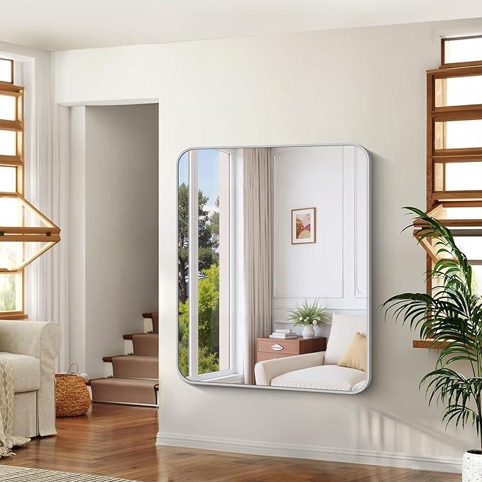 CIVENO 48x40 Inch Silver Bathroom Mirror, Large Rectangle Mirror, Metal Framed Rectangular Vanity Mirror, Rounded Corner Wall Mounted Mirror for Living Room Bedroom Entryway Horizontal or Vertical - ModernBath