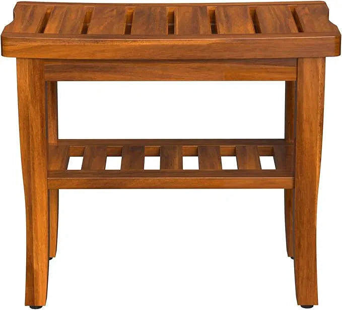 Teak Wood Shower Bench Stool with Storage Shelf, Wooden Waterproof Bathroom Spa Bathing Teak Shower Stool with Non-Slip Feet Gadget 2024 for Indoor or Outdoor Shower Chair Seat Organizer - ModernBath