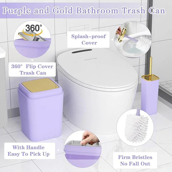 XLHOMO Purple Bathroom Accessories Set, Purple and Gold Bathroom Accessories with Trash Can, Soap Dispenser, Soap Dish, Toothbrush Holder and Q-tip Holders - ModernBath
