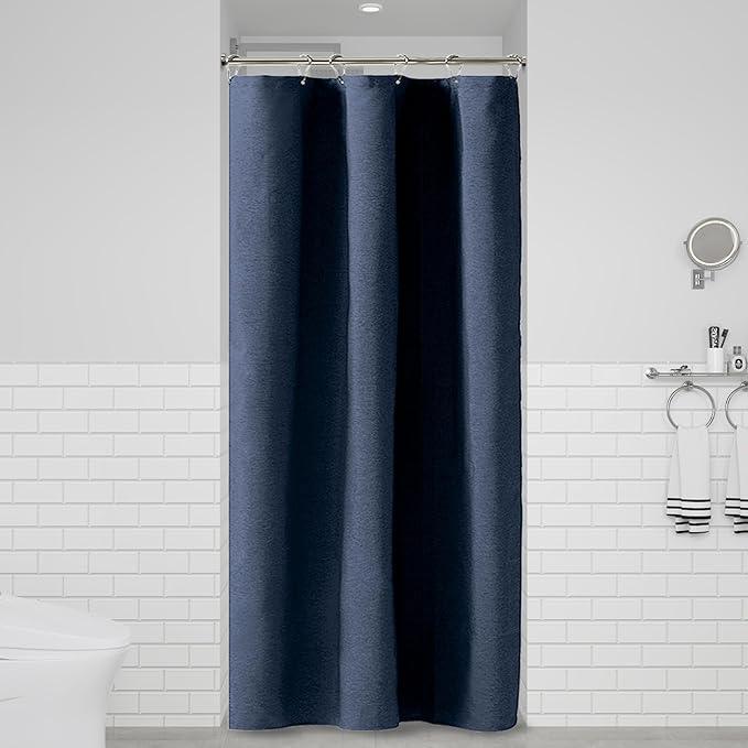BTTN Stall Fabric Shower Curtain - 36x72 Inch Narrow Linen Textured Heavy Duty Shower Curtain Set with 6 Plastic Hooks, Hotel Spa Luxury Half Waterproof Neutral Bath Curtains for Bathroom - Navy Blue - ModernBath