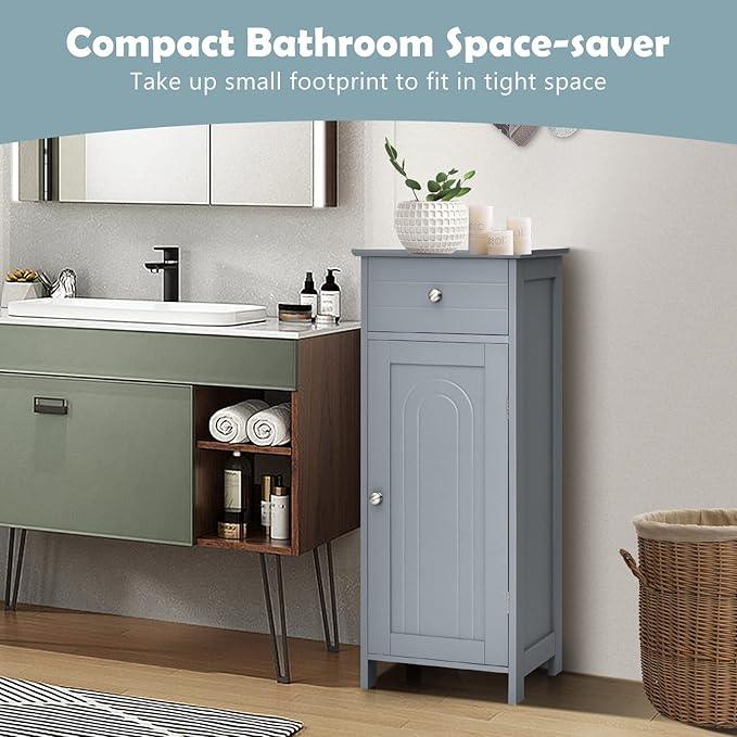 COSTWAY Bathroom Storage Cabinet, Single Door Floor Cabinet with Drawer and 3-Level Adjustable Shelves, Modern Side Storage Organizer with Anti-Tipping Device for Living Room, Bedroom (Gray) - ModernBath