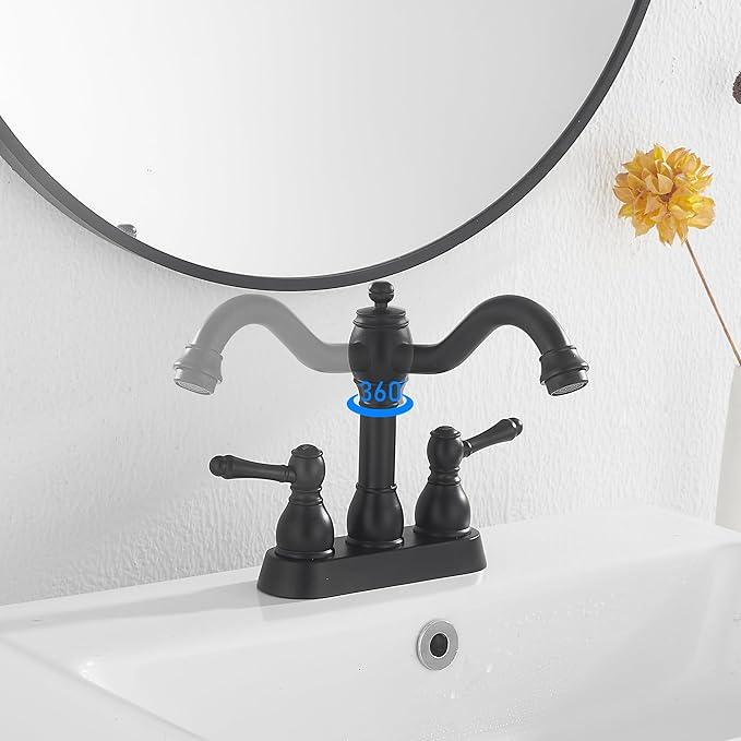 GGStudy Matte Black Bathroom Faucet 2 Handles 4 Inches Centerset RV Black Bathroom Vanity Faucet with Drain Assembly and Supply Hose Lavatory Faucet - ModernBath