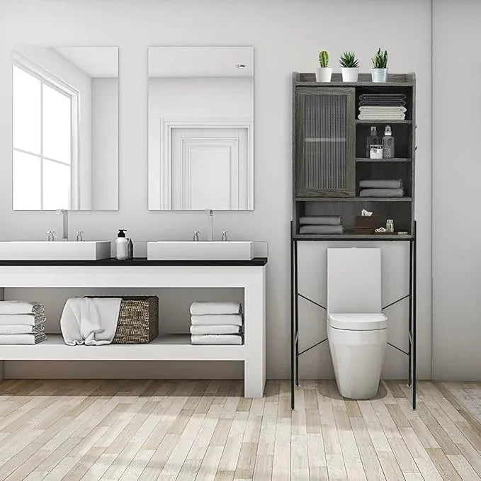 Over Toilet Storage Cabinet for Bathroom, Over Toilet Shelf Organizer, Freestanding Space Saver with Adjustable Shelves, Wide Open Shelf, Acrylic Sliding Door, Metal Frame, Vintage Grey - ModernBath