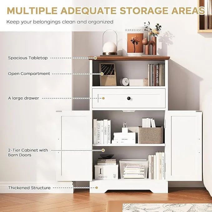 Floor Cabinet, Farmhouse Storage Cabinet with Barn Doors and Drawer, 11.81" D x 23.62" W x 39.37" H White Freestanding Adjustable Shelf Organizer for Bathroom, Kitchen, Living Room - ModernBath