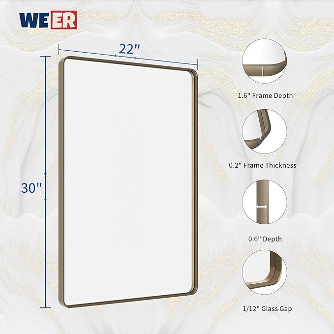WEER 22x30 Inch Bronze Bathroom Mirror for Vanity, Brushed Bronze Metal Frame Rounded Rectangle Mirror with Tempered Glass, Anti-Rust (Horizontal/Vertical) - ModernBath