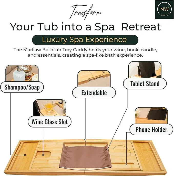 Luxury Foldable Bamboo Bathtub Tray - Wine Glass and Tablet Holder, Spa Bath Caddy for Relaxation, Gifts for Her, Him, Couples, Adjustable and Waterproof, Perfect for Birthdays, Weddings, Housewarming - ModernBath