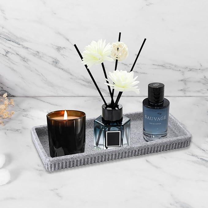 XLHOMO Resin Grey Bathroom Accessories Set 5 Pcs, Lotion Soap Dispenser, Toothbrush Holder, Bathroom Tumbler, Qtip Holder and Vanity Tray, Bathroom Countertop Organizer Set for Modern Home Apartment - ModernBath