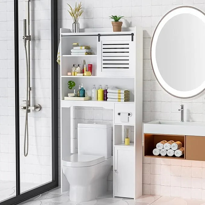 Coolfat Over The Toilet Storage Cabinet, Bathroom Storage Cabinet Organizer, Above Toilet Rack with Door and Adjustable Shelves, Space Saver for Restroom, Laundry (White Left Side) - ModernBath