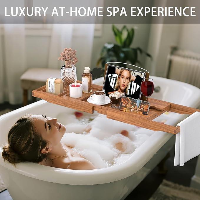Premium Teak Bathtub Tray Caddy, Expandable Wooden Bath Tray for Tub,Luxury Bathroom Accessories,Great House Warming, Anniversary & Wedding and Birthday Gifts - ModernBath