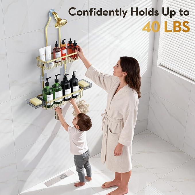 VALORDINE Shower Caddy Hanging, Shower Organizer Hanging, Aluminum Shower Racks for Inside Shower with Hooks for Razor, Never Rust Bathroom Organizers and Storage with Soap Holder, Gold - ModernBath