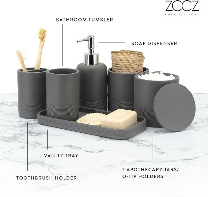 ZCCZ Gray Bathroom Accessories Set 6 Pieces - Toothbrush Holder, Lotion Dispenser, Qtip Container, Vanity Tray, Tumbler - Countertop Organizer for Bathrooms - Elegant and Functional Décor Set - ModernBath