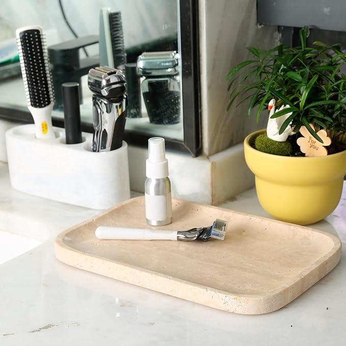 Marble Vanity Tray for Dresser Organizer, Travertine Bathroom Tray Countertop, Beige Decorative Serving Trays, Kitchen Sink Storage, Jewelry & Perfume Holder(Travertino Romano) - ModernBath