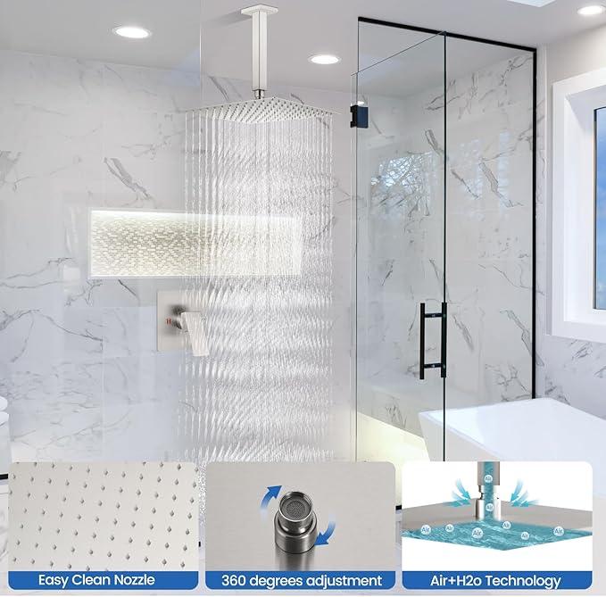 Airuida Shower Faucet Set and Handle Set Single Function Shower Trim Kit Ceiling Mount Rainfall Shower System with Male Threads and Rough-in Valve 12 Inch Square Shower Head Brushed Nickel - ModernBath