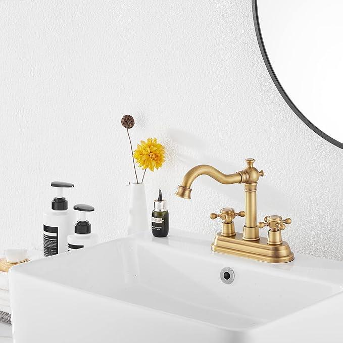 Bathroom Faucet Antique Brass GGStudy 2 Handles 4 Inches Centerset Bathroom Vanity with Drain Assembly and Supply Hose Lavatory Faucet Mixer Double Handle Tap - ModernBath