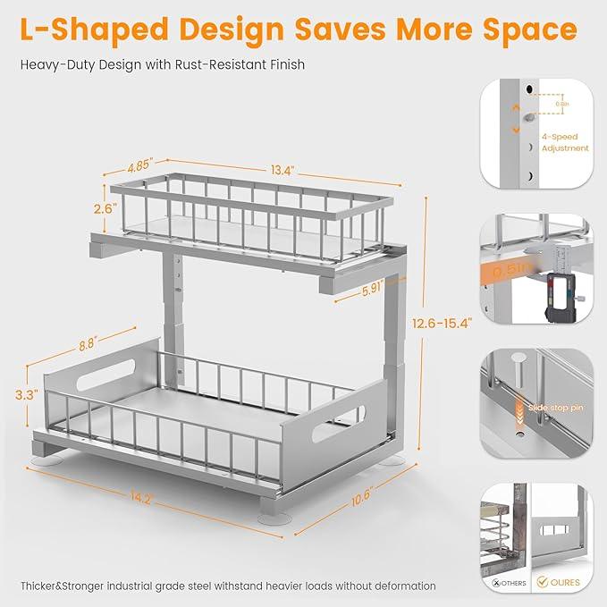 2 Pack Under Sink Organizer, Heavy Duty Meta Slide Out Sink Shelf Organizer Height Adjustable, Multi-Purpose Storage Shelf for Kitchen Bathroom (Silver,2Pack) - ModernBath