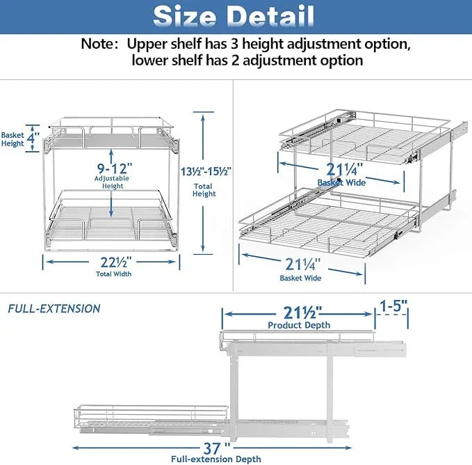 2 Tier Individual Pull Out Cabinet Organizer 22½" W x 21½" D, Heavy Duty Cabinet Pull Out Shelves, Slide Out Drawers Organization for Kitchen Cabinets Bathroom - ModernBath