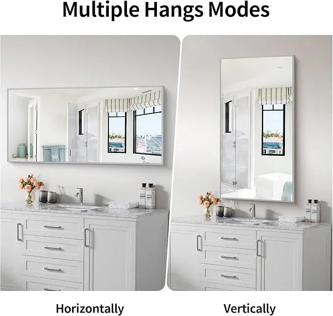 COFENY 48x24In Silver Bathroom Mirror for Wall, Brushed Nickel Rectangle Mirrors with Metal Frame, Bathroom Rectangular Mirror Modern Wall Mirror for Bedroom Living Room, Hangs Horizontal or Vertical - ModernBath