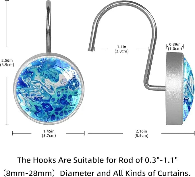 12 Pcs Decorative Shower Curtain Hooks, Rust Proof Glass Surface Stainless Steel Rings for Bathroom Bedroom Kitchen Home Bath Room Rods Decor (Turquoise Liquid Texture) - ModernBath