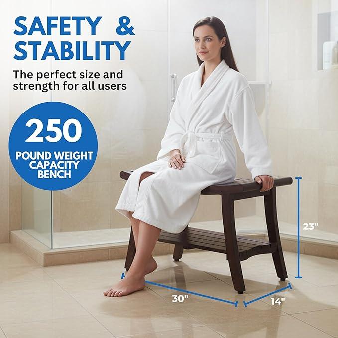 DecoTeak Harmony 30 Inch Brown Waterproof Teak Wood Shower Bench | Provides Safety, Storage, and Organization for Bathroom Accessories - ModernBath
