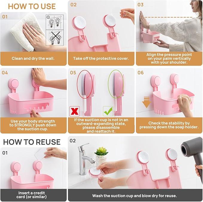 LEVERLOC Shower Caddy Suction Cup 2 Pack, Shower Organizer Removable Bathroom Shelf, Storage Suction Powerful Max Hold 22lbs Bathroom Caddy Waterproof Holder, Pink - ModernBath