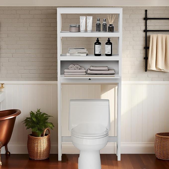 Over The Toilet Storage Cabinet, Behind Toilet Bathroom Organizer with Adjustable Shelves, Above Toilet Organizers with Rattan Door, Space Saver for Restroom, Bathroom, Laundry - ModernBath