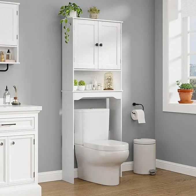 RRX Over The Toilet Storage Cabinet,Bathroom Above Toilet Cabinets Organizer, 24.8" L x 9.1 "W x 65.7 "H Free Standing Toilet Rack with Adjustable Shelf and Open Storage,Double Doors(Pure White) - ModernBath