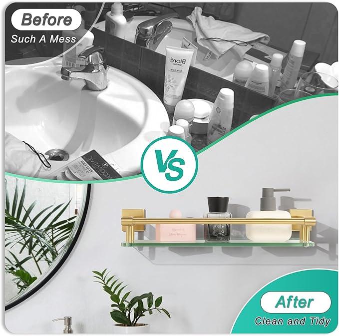16 Inch Brusheld Gold Bathroom Glass Shelves with Stainless Steel Railing, Tempered Floating Glass Modern Decoration Bathroom Shelf Sink Over Toilet - ModernBath