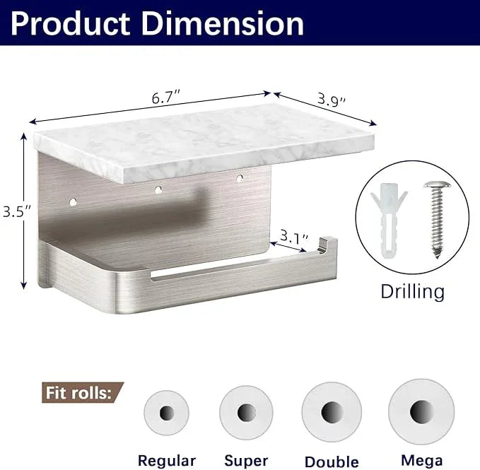 Toilet Paper Holder with Shelf, Extended Base Wall Mounted, Marble Toilet Roll Holder Brushed Nickel for Bathroom Washroom - ModernBath