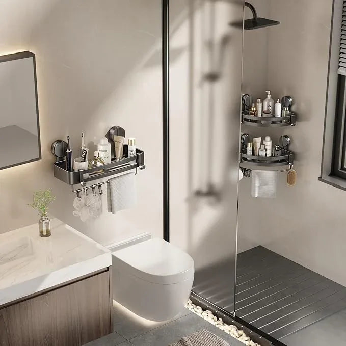 VOLPONE Shower Caddy Suction Cup, 2 Pack Corner Shower Shelves No Drilling, Showers Organizer Storage with Towel Bar & Removable Hooks, Bathroom Shower Shelf Rack for Inside Showers, Triangle - ModernBath