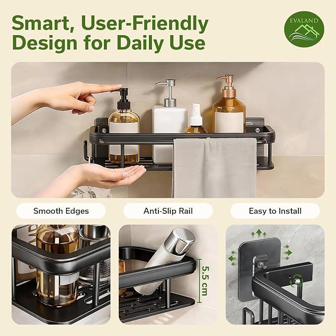 EVALAND Shower Caddy Adhesive 2-Pack with Hooks and Rod for Towels, Black – Premium Bathroom Shower Shelves, Shampoo Organizer, Bathtub Shelf, Rustproof, Easy Installation, Sturdy Modern Look - ModernBath