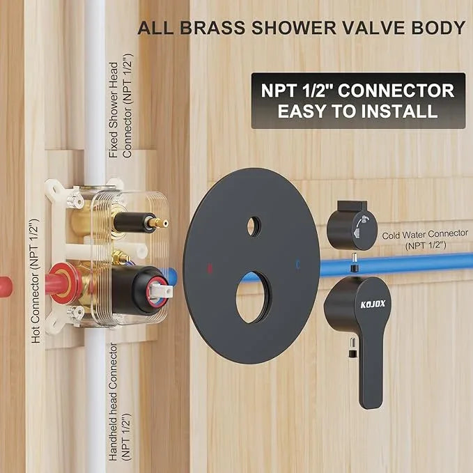 KOJOX 12-Inch Matte Black High-Pressure Shower System: Complete Set with Rainfall & Handheld Shower Heads, Wall-Mounted Mixer Faucet, Rough-In Valve, & Trim Kit for Bathroom - ModernBath