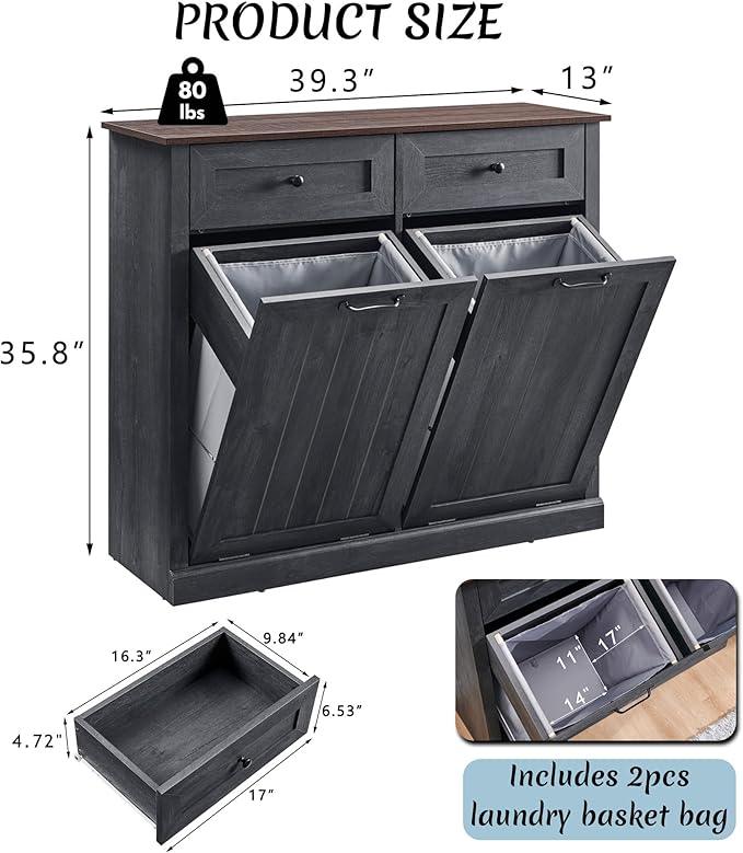 Double Tilt Out Laundry Hamper Cabinet, 20 Gallon Farmhouse Trash Can Cabinet with Drawer, Hidden Wood Garbage Can Bin Cabinet with Laundry Storage Basket for Bathroom, Kitchen, Dark Grey - ModernBath
