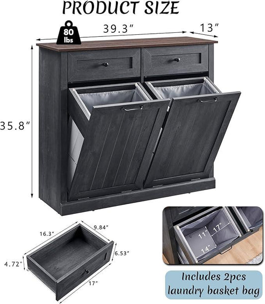 Double Tilt Out Laundry Hamper Cabinet, 20 Gallon Farmhouse Trash Can Cabinet with Drawer, Hidden Wood Garbage Can Bin Cabinet with Laundry Storage Basket for Bathroom, Kitchen, Dark Grey - ModernBath