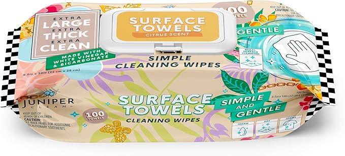 Juniper CLEAN Single Surface Cleaning Wipes Bleach Free, Thick & Large Dispose, All-Purpose Cleaner for Bathroom, Kitchen, Office, 100 Count Soft Flow, Biodegradable, Citrus Scent - ModernBath