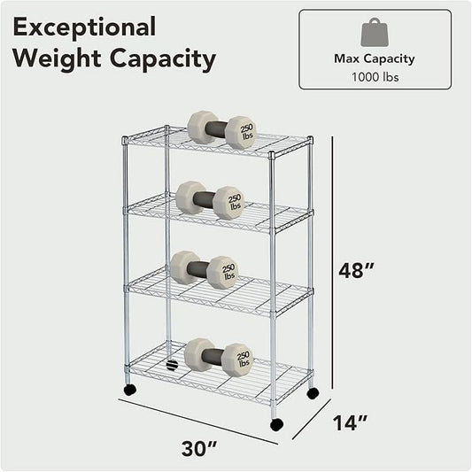 Heavy Duty 4 Tier Wire Shelving Unit Storage Rack, Metal Shelves Utility Organizers, Organization Units for Products, Plant, Pantry, Garage, Laundry Durable Shelf Stand, Chrome, 14"W x 30"L X 48"H
