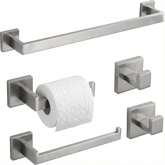 5 Piece Bathroom Hardware Set Brushed Nickel, SUS304 Stainless Steel Towel Bar Set, Modern Square Accessories with 16 Inch Rack Toilet Paper Holder Robe Hooks (Brushed Nickel) - ModernBath