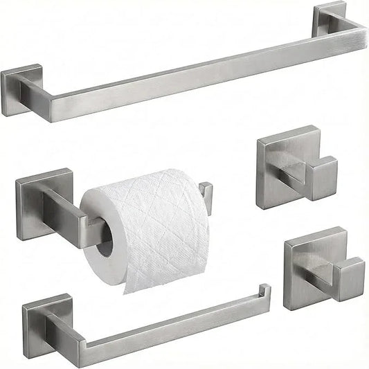 5 Piece Bathroom Hardware Set Brushed Nickel, SUS304 Stainless Steel Towel Bar Set, Modern Square Accessories with 16 Inch Rack Toilet Paper Holder Robe Hooks (Brushed Nickel) - ModernBath