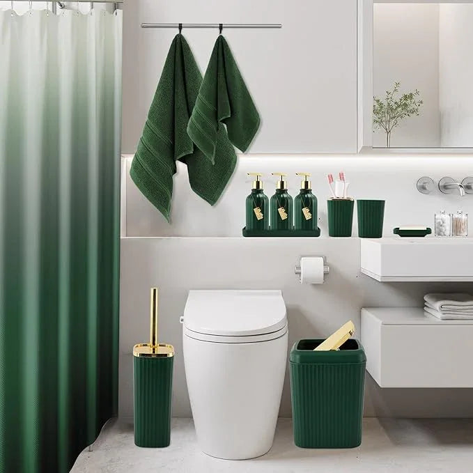 WSBArt 32PCS Bathroom Accessories Set Bathroom Set,Hunter Green Shower Curtain Set,Bath Towel Set,Hand Towel,Toilet Brush,Trash Can & 3PCS Soap Dispenser - ModernBath