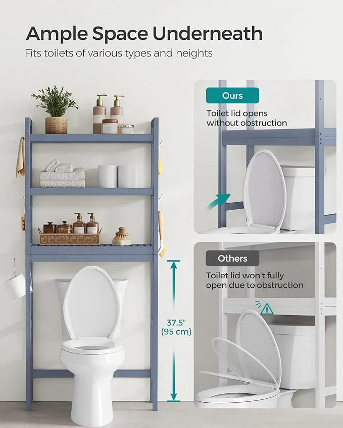 SONGMICS Over The Toilet Storage, 3-Tier Over Toilet Bathroom Organizer with Adjustable Shelf, 10.2 x 24.8 x 66.9 Inches, Space-Saving, Gray UBTS001G01 - ModernBath