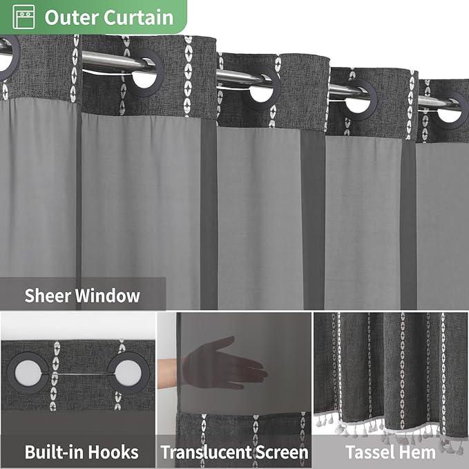 eachope No Hook Stall Shower Curtain with Snap-in Fabric Liner - 54x80 Heavy-Duty Linen Textured Striped Design,Narrow Rustic Modern Farmhouse Bohemian Bathroom Curtain,Water-Repellent,Charcoal Grey - ModernBath