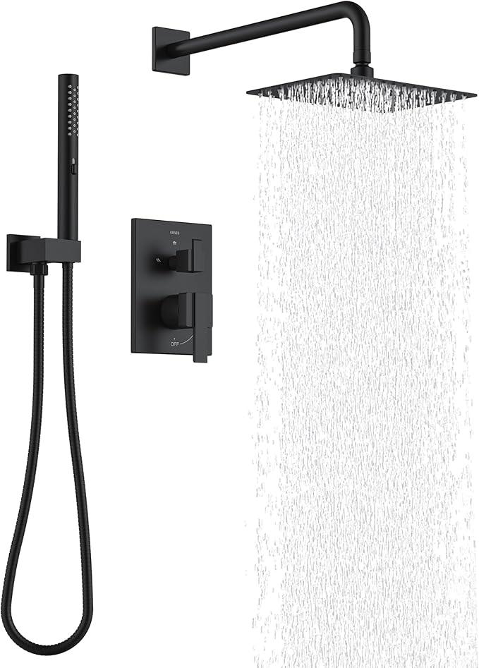 KENES Matte Black Rainfall Bathroom Shower System Rain Shower Head and Handle Set, Shower Faucet Set with 10-Inch Rain Showerhead and Handheld Spray, (Shower Valve Included), LJ-6026A-2 - ModernBath